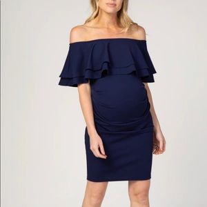 PinkBlush maternity Ruched Off the Shoulder Navy Dress